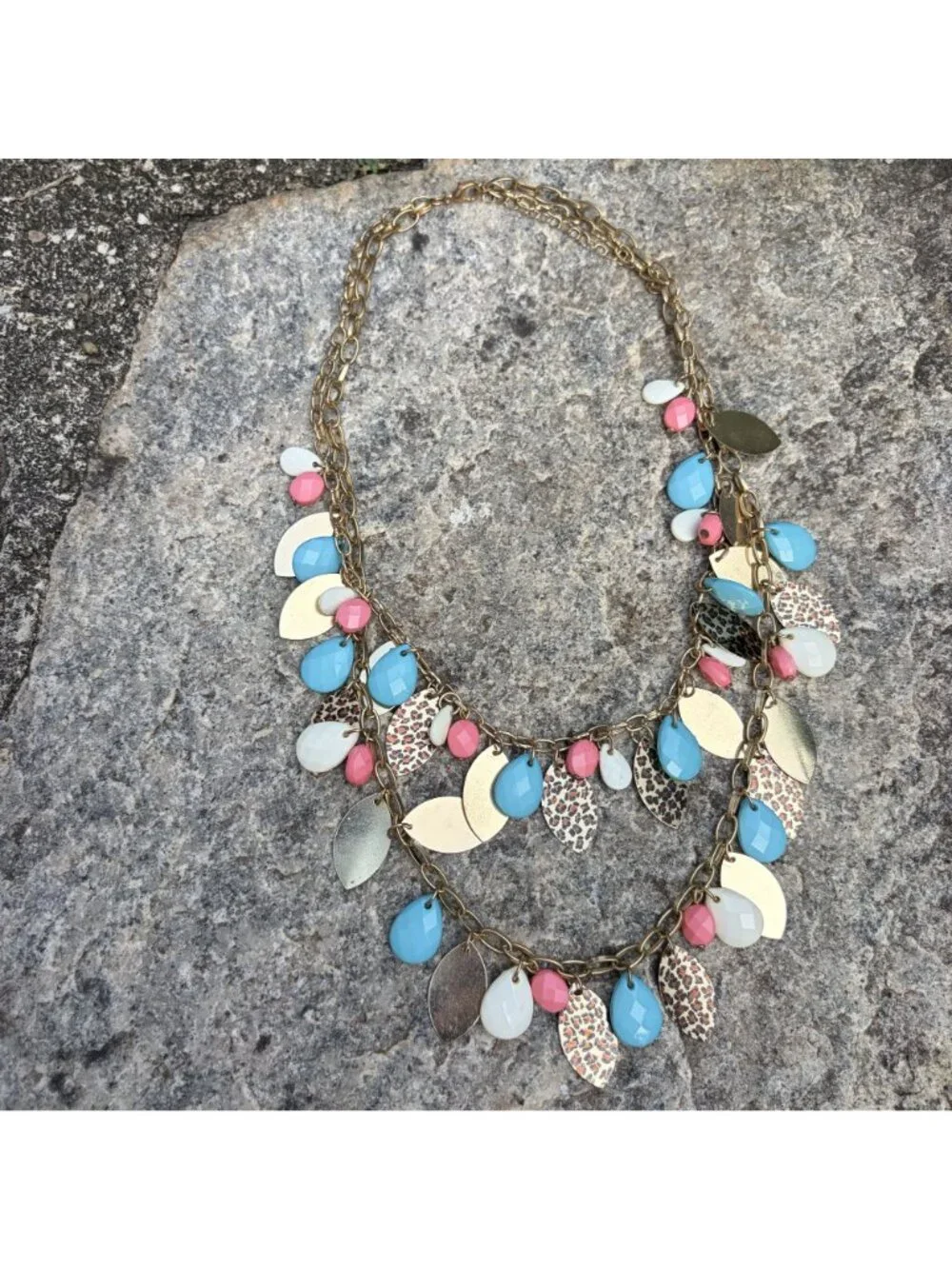 Y2K Turquoise Pink Leopard Print Leaf Charm Layered Statement Necklace Gold 22